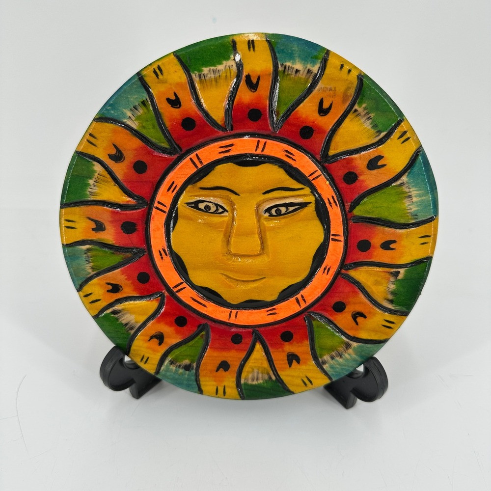 Hand Painted Wooden Sun Face Plaque Celestial Folk Art Wall Hanging Decor